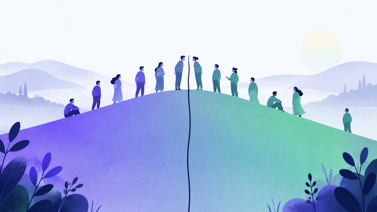 Des personnes réparties en continu sur une colline dont le sol passe du violet au vert ; un trait fin tracé au sommet sépare deux d'entre elles, presque identiques, qui se font face.